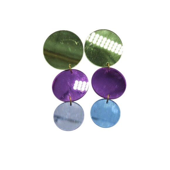 Vintage 1980s Green Purple Blue Acrylic Disc Dangle Earrings Clip-On Retro - Picture 1 of 7